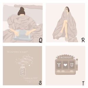 May include: Four illustrations in a grid. The top left image shows a person in bed using a laptop. The top right image shows a person sitting on a chair wrapped in a blanket. The bottom left image shows a jar with stars coming out of it and the text "Do you believe in magic?" and "I believe in YOU". The bottom right image shows a slot machine with the text "JACKPOT" and the words "Y", a heart, and "U" in the slots.