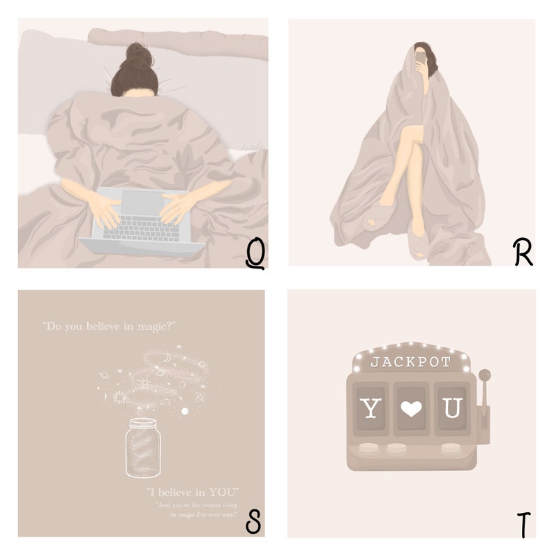 May include: Four illustrations in a grid. The top left image shows a person in bed using a laptop. The top right image shows a person sitting on a chair wrapped in a blanket. The bottom left image shows a jar with stars coming out of it and the text "Do you believe in magic?" and "I believe in YOU". The bottom right image shows a slot machine with the text "JACKPOT" and the words "Y", a heart, and "U" in the slots.