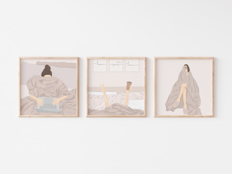 May include: Three framed illustrations of a person in bed. The first illustration shows a person working on a laptop. The second illustration shows a person with their arms and legs sticking out of the covers, holding a cup of coffee. The third illustration shows a person sitting up in bed, wrapped in a blanket. The text "home sweet home" is written on the wall in the second illustration.