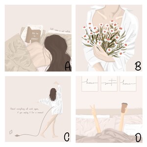 May include: A collage of four illustrations featuring women in various settings. The first image shows a woman lying in bed reading a book with the text "Make time for yourself". The second image shows a woman holding a bouquet of white flowers. The third image shows a woman in a white shirt standing with her arms raised. The fourth image shows a woman lying in bed with her arms raised and a cup of coffee in her hand. The text "home sweet home" is written on the wall behind her.