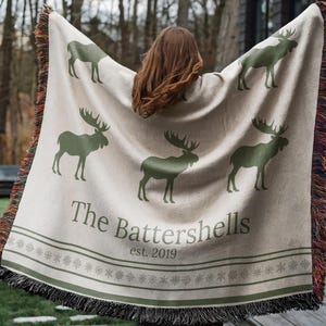 Personalized Family Cabin Woven Throw Blanket | Moose Blanket | Moss Green Nature Lover Gift | Rustic Forestcore Throw, Cozy Nature Decor