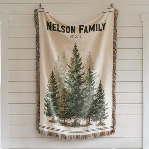Personalized Family Woven Throw Blanket | Custom Name Rustic Blanket for Cabin | Forest Green Pine Trees Cotton Blanket | Anniversary