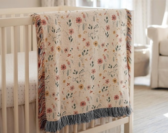 Personalized Baby Name Wildflower Blanket for Nursery, Personalized Newborn Throw, Boho Floral Nursery Decor Baby Girl with Name Keepsake