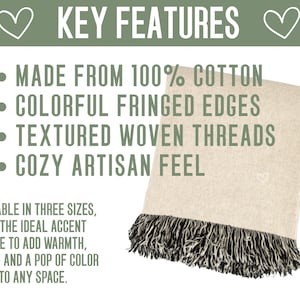 May include: A beige cotton throw blanket with black and white fringed edges. The blanket has textured woven threads and a cozy artisan feel. Text on the image says "Key Features" and "Made from 100% Cotton".