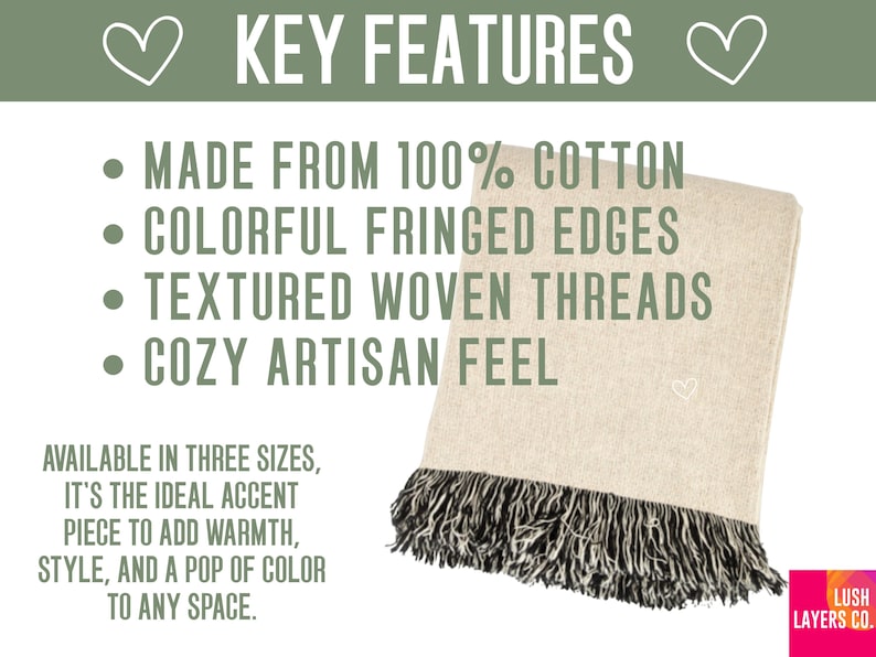 May include: A beige cotton throw blanket with black and white fringed edges. The blanket has textured woven threads and a cozy artisan feel. Text on the image says "Key Features" and "Made from 100% Cotton".