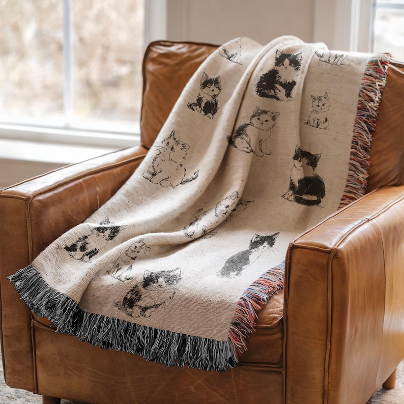 Cat Throw Blanket Gift For Cat Lover Themed Woven Kitten Design Black White Pattern Cozy Living Room Bedroom Pet Owner Present Perfect Cat Mom Gift Collection Soft Textile Home Accent Cute Kitten Tapestry Monochromatic Style Modern