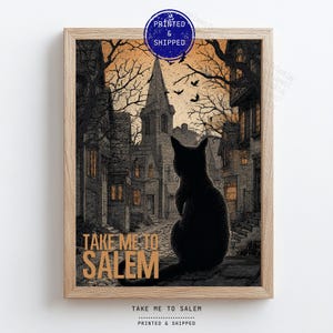 Witchy Salem Halloween Print: Black Cat Spooky Wall Art