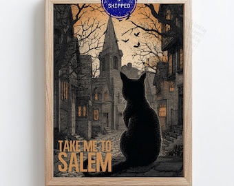 Witchy Salem Halloween Print: Straszny czarny kot na ścianie