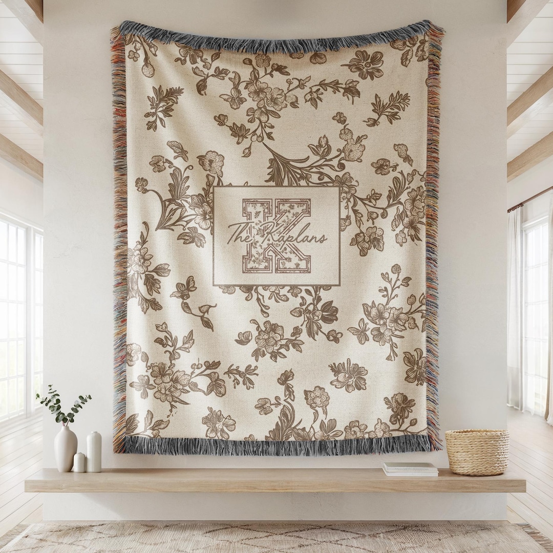 Toile monogram blanket personalized woven throw, last name floral throw for couch, personalized house warming gift, newly married,