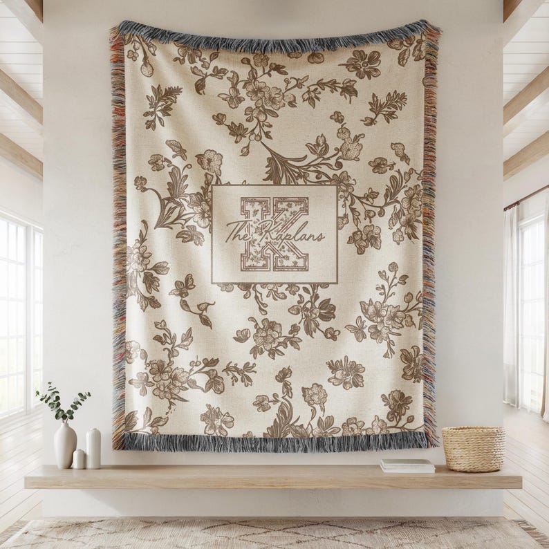 Toile monogram blanket personalized woven throw, last name floral throw for couch, personalized house warming gift, newly married,