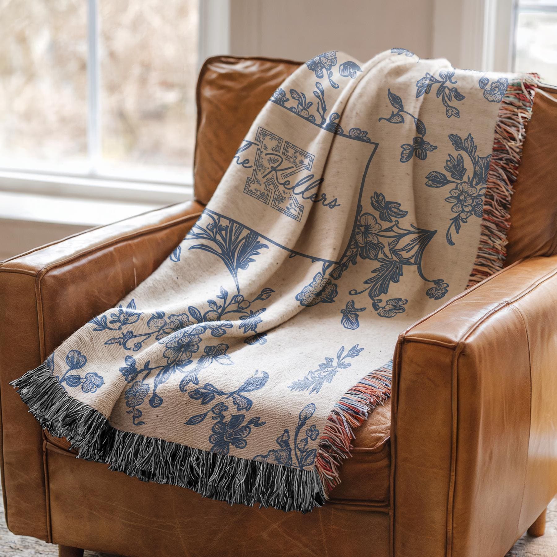 Toile Monogram Blanket Personalized Woven Throw, Last Name Blue Floral ...