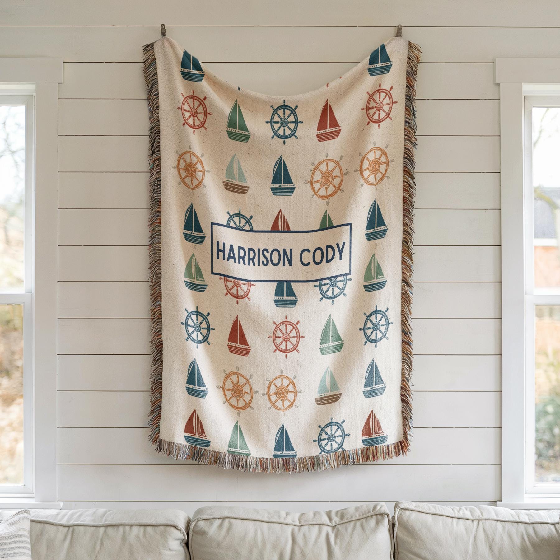 Baby Name Nautical Blanket Personalized Throw, Sailboat Nursery Decor Newborn Boy Girl with Name, Keepsake Custom Nursery Gift, 100% Cotton