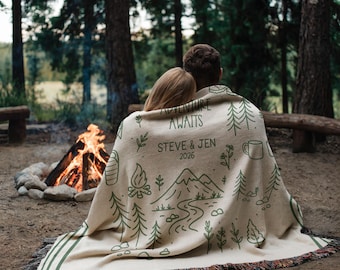 Personalized Couples Woven Throw Blanket | Adventure Awaits Moss Green Boho Stripe, Doodle Style Home Accent Wedding Engagement Anniversary