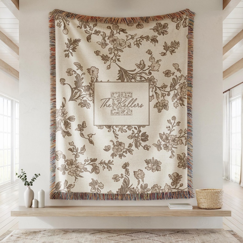 Toile monogram blanket personalized woven throw, last name floral throw for couch, personalized house warming gift, newly married,