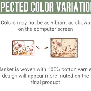 May include: Image showing color variations of a floral blanket. The text "EXPECTED COLOR VARIATIONS" is at the top. The text below states that colors may not be as vibrant as shown on the computer screen. The blanket is woven with 100% cotton yarn.