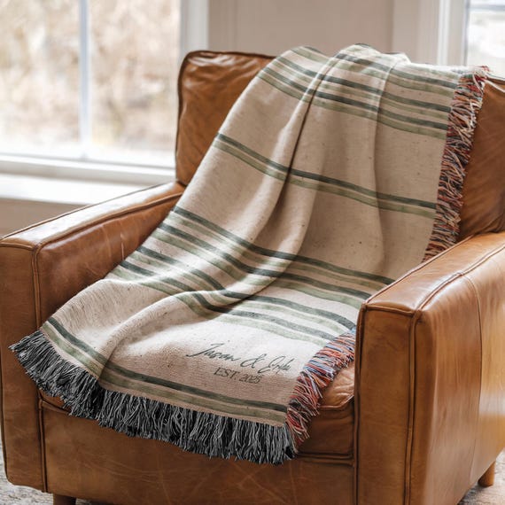 Personalized Couples Woven Throw Blanket | Moss Green Boho Stripe,Unique Custom Gift for Wedding Engagement Anniversary Keepsake Couple Name