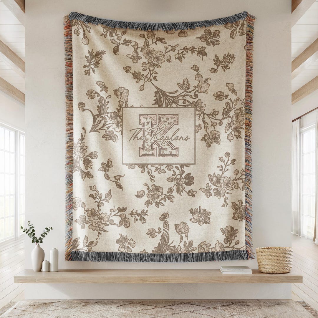 Toile monogram blanket personalized woven throw, last name floral throw for couch, personalized house warming gift, newly married, - 60" x 50" Vertical, Black