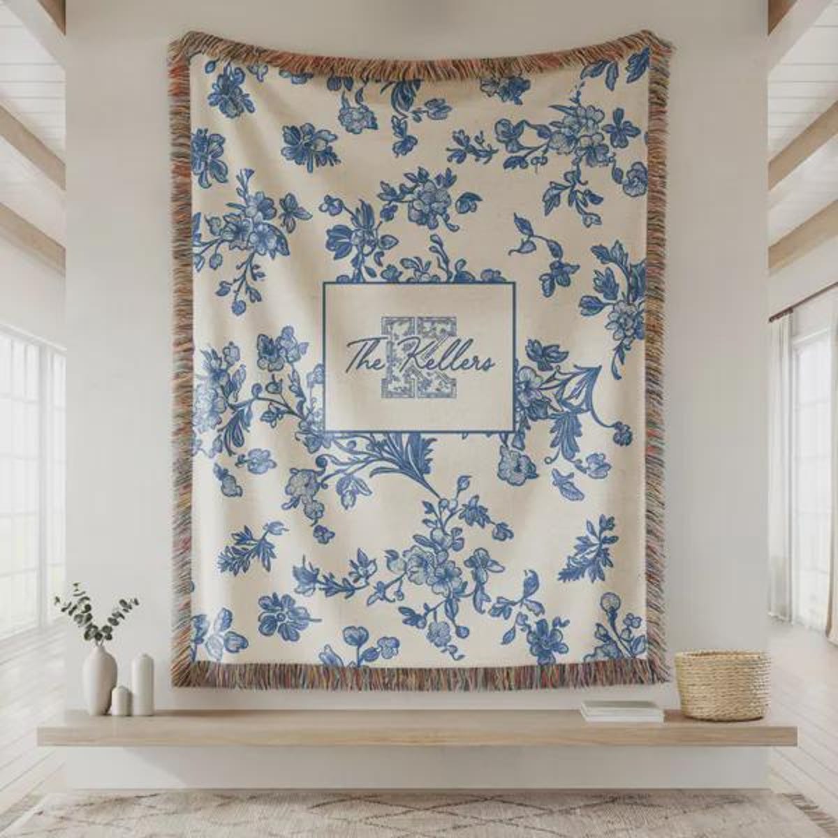 Toile monogram blanket personalized woven throw, last name floral throw for couch, personalized house warming gift, newly married,