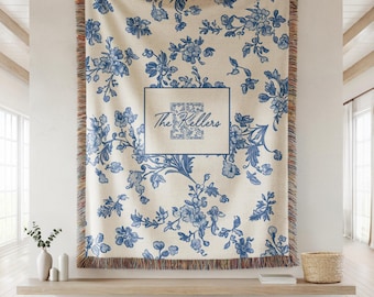 Toile monogram blanket personalized woven throw, last name blue floral throw for couch, personalized house warming gift, newly married