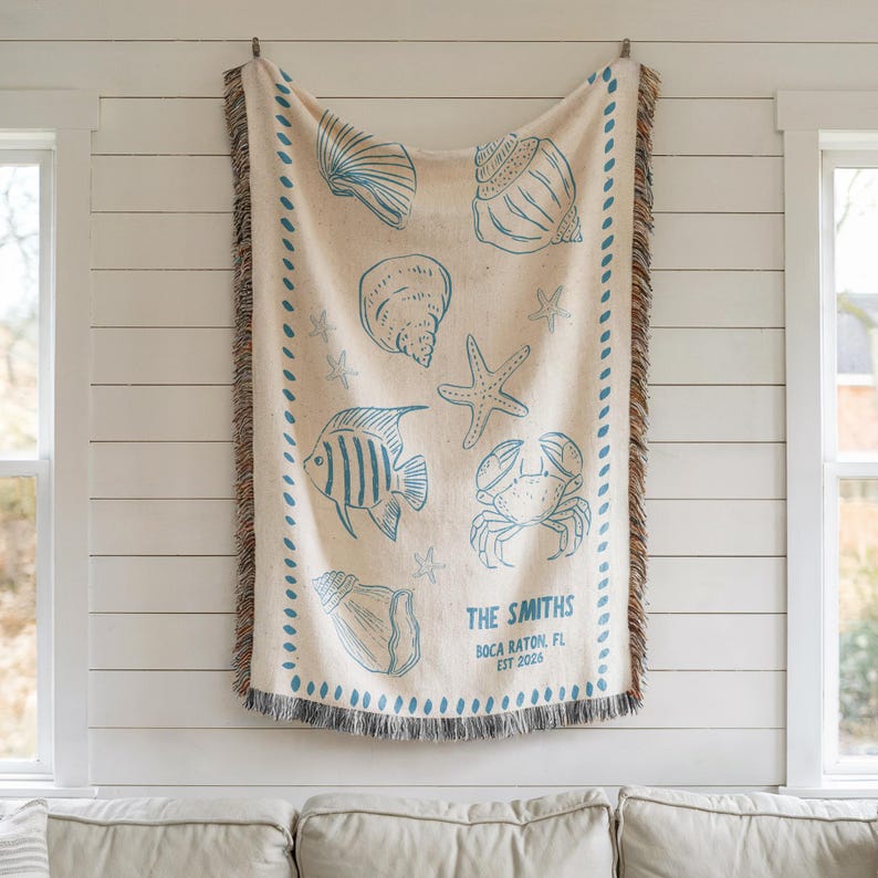 Personalized Family Beach House Blanket, Personalized Beach House Woven Blanket: Coastal Nautical Throw, Lake House Gift image 2