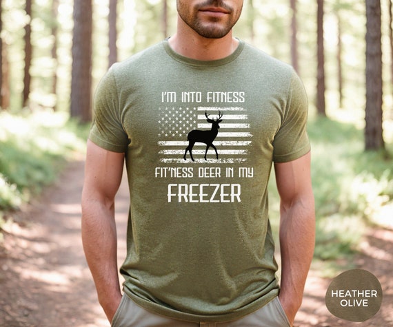 Funny Deer Hunting Dad Shirt: American Flag Hunter Tee | Gift for Hunter Dad | Deer Hunting TShirt| Fit'ness Deer in my Freezer | Husband