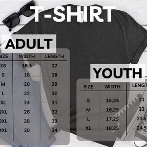 May include: A dark gray t-shirt with a size chart for adult and youth sizes. The adult sizes range from XS to 4XL, with widths from 16.5 to 30 inches and lengths from 27 to 34 inches. Youth sizes range from S to XL.