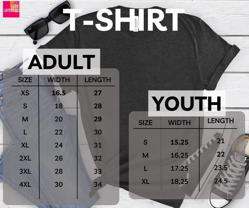 May include: A dark gray t-shirt with a size chart for adult and youth sizes. The adult sizes range from XS to 4XL, with widths from 16.5 to 30 inches and lengths from 27 to 34 inches. Youth sizes range from S to XL.