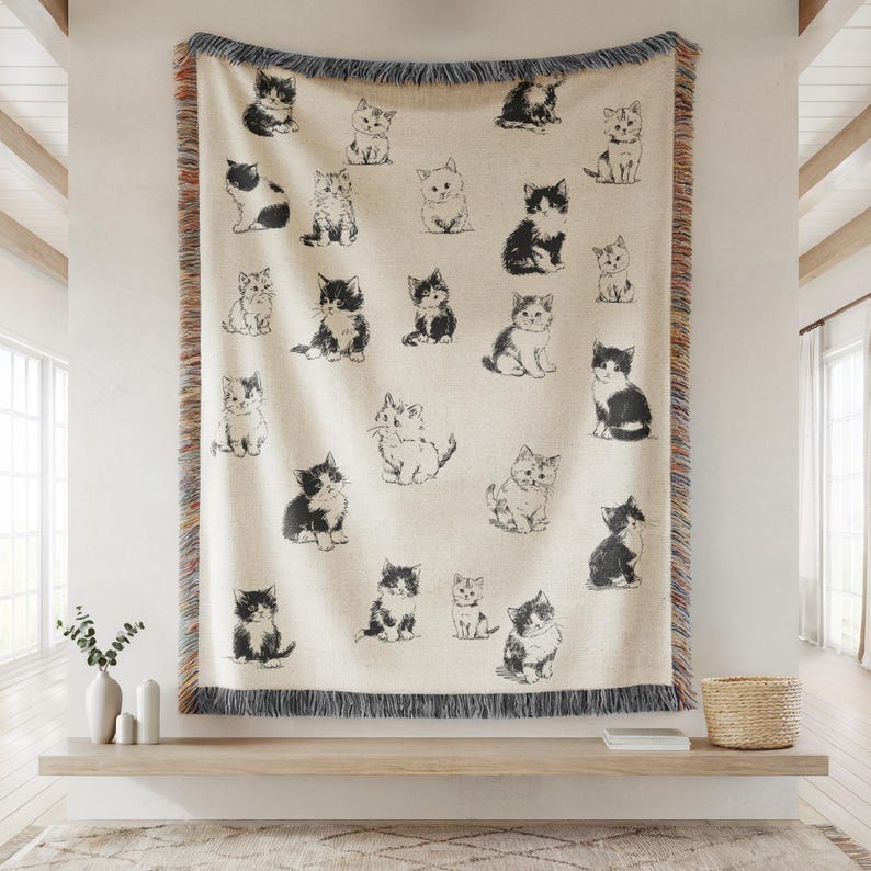Cozy Cat Throw Woven Blanket Soft Kitten Pattern Black White Collection Living Room Bedroom Pet Owner Comfort Gift Cat Lover Present Themed Tapestry Home Textile Monochromatic Design Modern Style Cute Kitten Accent Furniture Essential