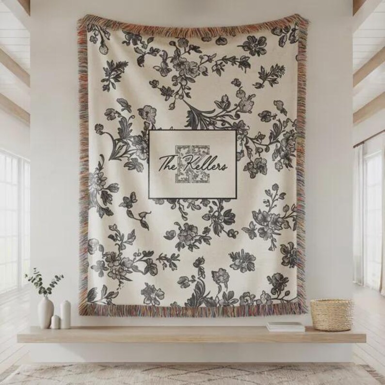 Toile monogram blanket personalized woven throw, last name floral throw for couch, personalized house warming gift, newly married,