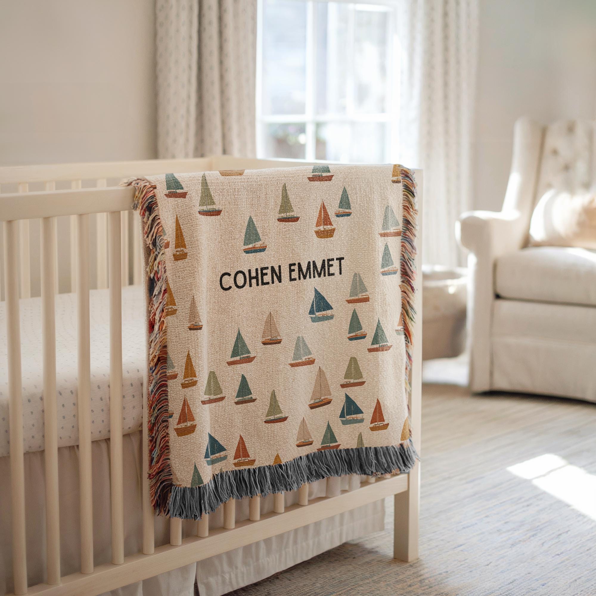 Baby Name Nautical Blanket Personalized Throw, Sailboat Nursery Decor Newborn Boy Girl with Name, Keepsake Custom Nursery Gift, 100% Cotton