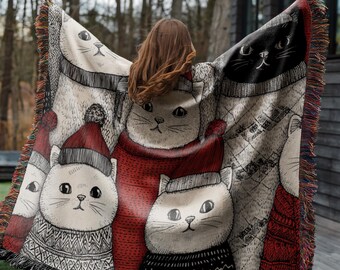 Christmas Cat Blanket, Woven Throw for Family, Holiday Kitten Home Decor, Cat Lover Blanket, Gift for Cat Owner, Cat Lady, Christmas Kitten