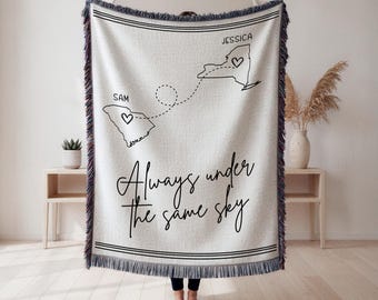 Long Distance Blanket Personalized Couple Woven Throw Custom State Map Gift Bestie Present Bff Keepsake Sister Memorial Wife Anniversary