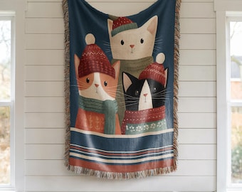 Christmas Cat Blanket, Woven Throw for Family, Winter Kitten Home Decor, Cat Lover Blanket, Gift for Cat Owner, Cat Lady, Christmas Kitten