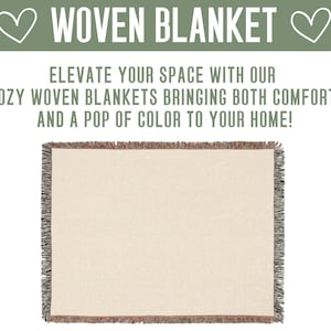 May include: A rectangular woven blanket with a cream-colored center and fringed edges. The text "WOVEN BLANKET" is at the top, with the phrase "ELEVATE YOUR SPACE WITH OUR COZY WOVEN BLANKETS BRINGING BOTH COMFORT AND A POP OF COLOR TO YOUR HOME!"