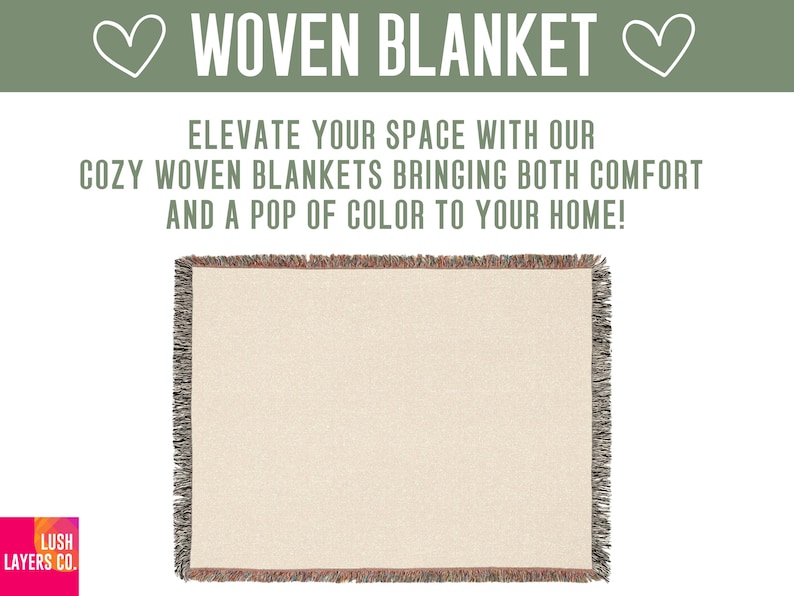 May include: A rectangular woven blanket with a cream-colored center and fringed edges. The text "WOVEN BLANKET" is at the top, with the phrase "ELEVATE YOUR SPACE WITH OUR COZY WOVEN BLANKETS BRINGING BOTH COMFORT AND A POP OF COLOR TO YOUR HOME!"