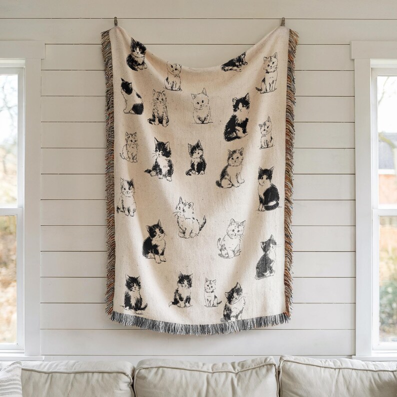 Monochromatic Cat Blanket Woven Throw Black White Kitten Pattern Collection Cozy Pet Lover Home Textile Living Room Gift Cat Themed Present Soft Comfort Blanket Cute Kitten Design Modern Farmhouse Style Bedroom Accent Cat Mom Essential
