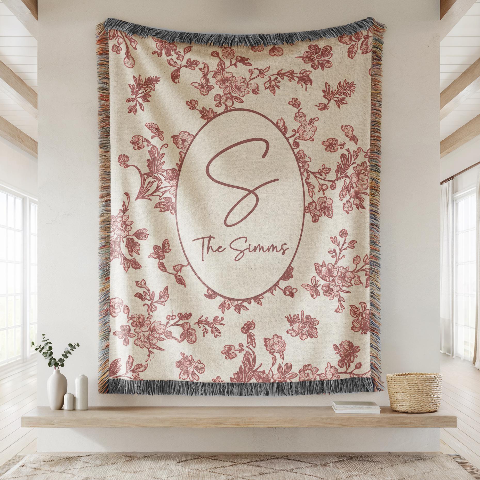 Toile Monogram Blanket Personalized Woven Throw, Last Name Floral Throw ...