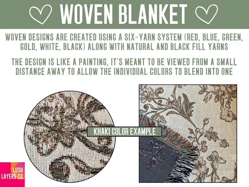 Op de afbeelding: Geweven deken met bloemenmotief. De tekst "WOVEN BLANKET" staat bovenaan. Het ontwerp van de deken is gemaakt met een zes-garensysteem met rode, blauwe, groene, gouden, witte en zwarte garens. Het kaki-kleurvoorbeeld wordt getoond.