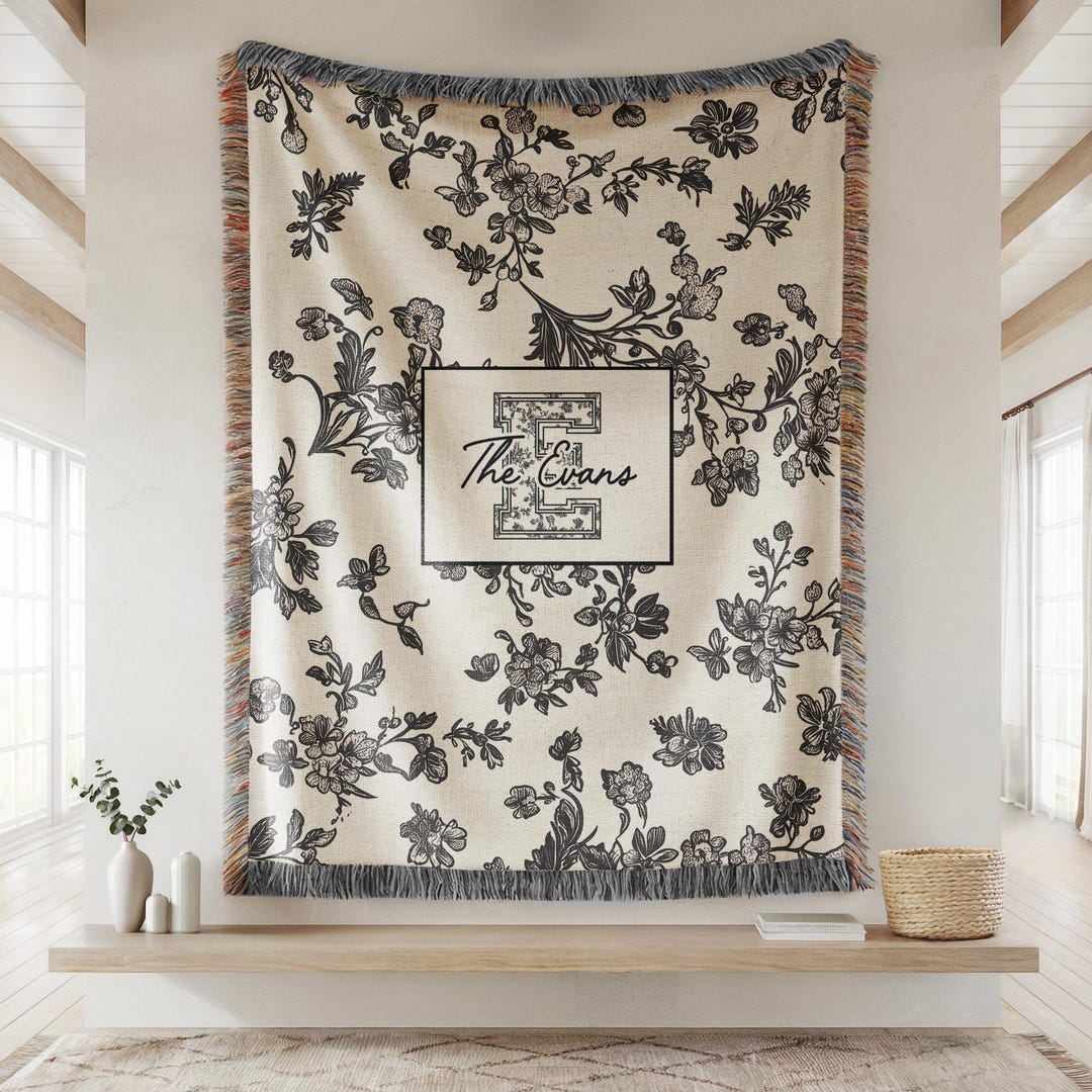 Toile monogram blanket personalized woven throw, last name floral throw for couch, personalized house warming gift, newly married, - 60" x 50" Vertical, Black