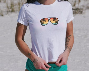 Palm Tree Sunglasses Baby Tee: Retro Y2k Crop Top