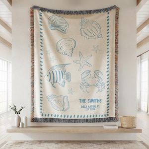 Personalized Family Beach House Blanket, Personalized Beach House Woven Blanket: Coastal Nautical Throw, Lake House Gift image 1