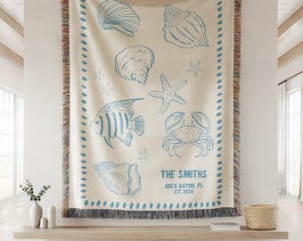Personalized Family Beach House Blanket, Personalized Beach House Woven Blanket: Coastal Nautical Throw, Lake House Gift