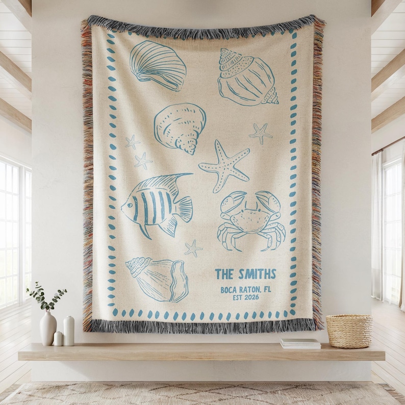 Personalized Family Beach House Blanket, Personalized Beach House Woven Blanket: Coastal Nautical Throw, Lake House Gift image 1