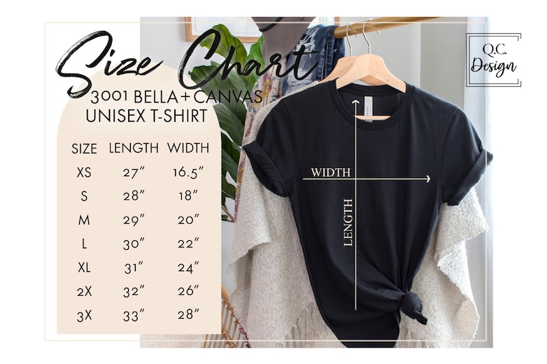 Puede incluir: Tabla de tallas para una camiseta unisex, que muestra las medidas en pulgadas para la longitud y el ancho. La tabla incluye las tallas XS, S, M, L, XL, 2X y 3X. Se muestra una camiseta negra en una percha, con las medidas de longitud y ancho marcadas.