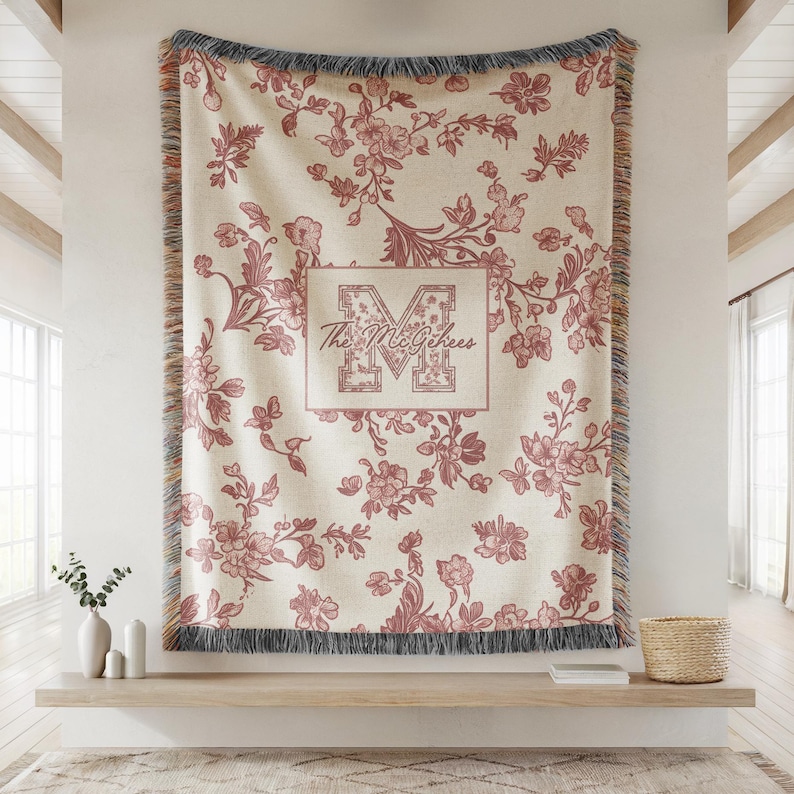 Toile monogram blanket personalized woven throw, last name floral throw for couch, personalized house warming gift, newly married,