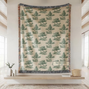Wild Horse Toile Woven Blanket, Horse Lover Equestrian Gift Forest Green Horse Tapestry Throw Blanket French Country Throw Ranch Home Decor