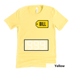 Puede incluir: Camiseta amarilla con un contorno negro de una etiqueta amarilla que dice "BILL" y un contorno negro de una pantalla digital blanca que dice "999".