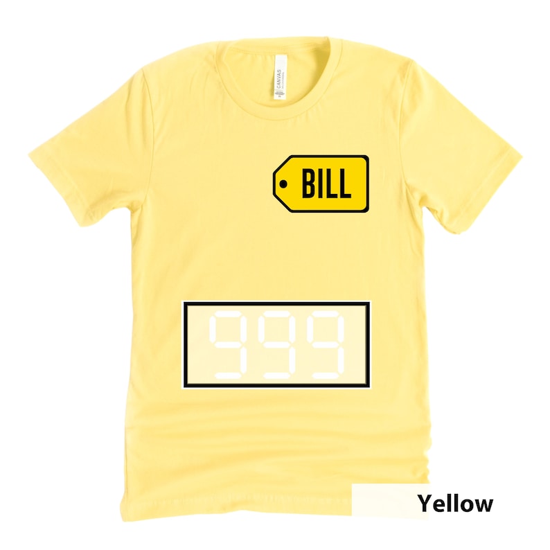 Puede incluir: Camiseta amarilla con un contorno negro de una etiqueta amarilla que dice "BILL" y un contorno negro de una pantalla digital blanca que dice "999".