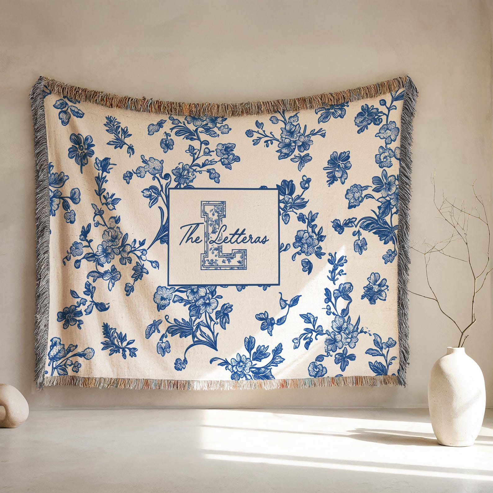 Toile monogram blanket personalized woven throw, last name floral throw for couch, personalized house warming gift, newly married, - 60" x 50" Vertical, Blue