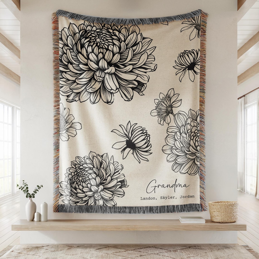 Grandma Blanket Personalized Woven Throw, Floral Home Decor, Dahlia ...